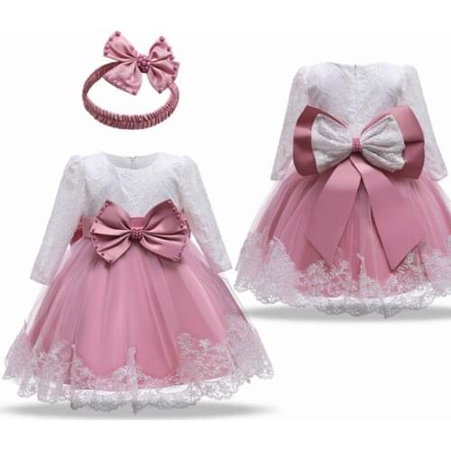 3M-2Y Infant Baby Girls Dress Flower Lace Big Bow Pink Clothing Autumn Full Sleeve Dresses For Baby First Birthday Clothes