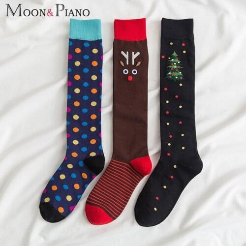Personality Woman Socks Cute Happy Cartoon Elk Christmas Tree Polka Dot New Cotton Women Funny European and American Calf Sock