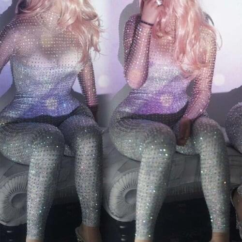 Women Sexy Stage Rhinestone Sparkly Jumpsuit Sexy Stage Outfit Birthday Party Celebrate for Women Dance Bodysuit Legging Outfit