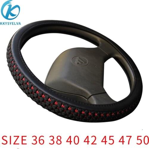 KKYSYELVA Leather+Ice Silk Steering Wheel Covers for Car Bus Truck 36 38 40 42 45 47 50cm Diameter Auto Steering-wheel cover