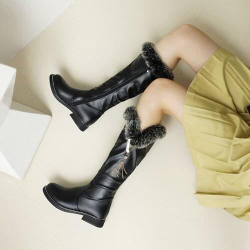 Lovely And Sweet Winter Warmth Faux Fur Fleece Knee-Length Boots Pearl Metal Fringed Rhinestone Womens Boots Metal Decoration