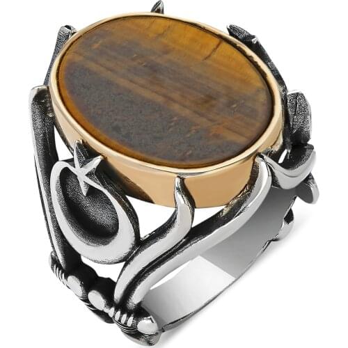 Solid 925 Sterling Silver Tiger Eye Stone Sword Sultan Crescent Star Mens Ring
