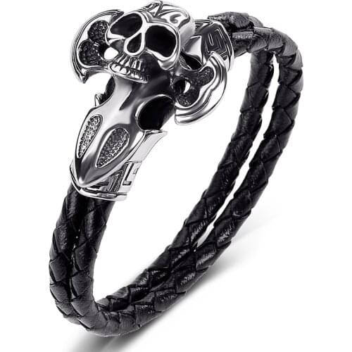 Fashion Genuine Leather Bracelet Men Stainless Steel Skull Punk Rock Jewelry Braided Bangles Male Wrist Band Birthday Gift P527