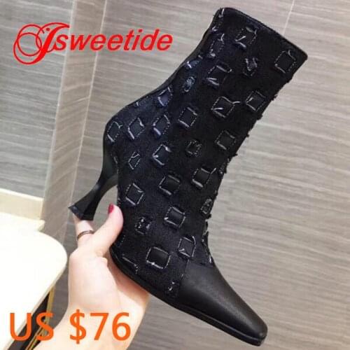 New Arrivals Checkered Cloth Women Fashion Best quality Genuine Cow Leather High heel Cowgirl Style womens boots with heels