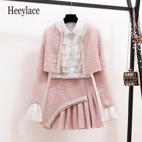 Autumn Winter korean 3 Piece Set for women french vintage tweed Coat+ruffles white blouse+pleated mini skirt Three-piece Suits