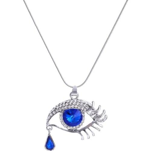 Fashion Big Rhinestone Blue Eyes Shape Pendant Long Necklace Water Drop Crystal Dangle Necklace Choker Women Party Jewelry Gift