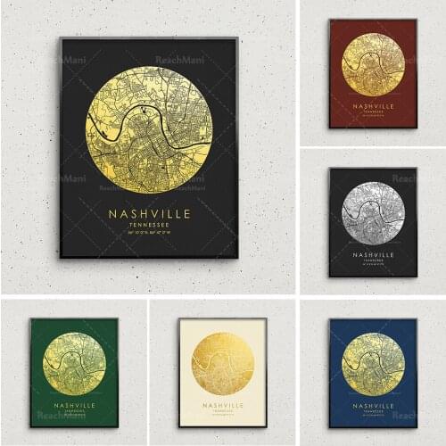 Nashville map printing, gold and silver circular map, Nashville mural, Nashville city poster, the largest map gift idea
