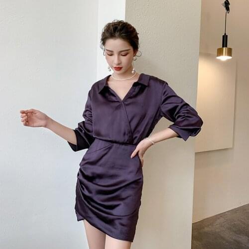 Spring Autumn Fashion Sexy V-neck Shirt Dress Lady Long sleeve Temperament Satin Dress Women Elegant Party Dresses sexy dress