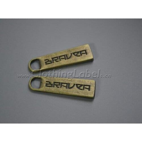 Custom zipper puller for clothing, zinc alloy material, anti brass color, engraved logo