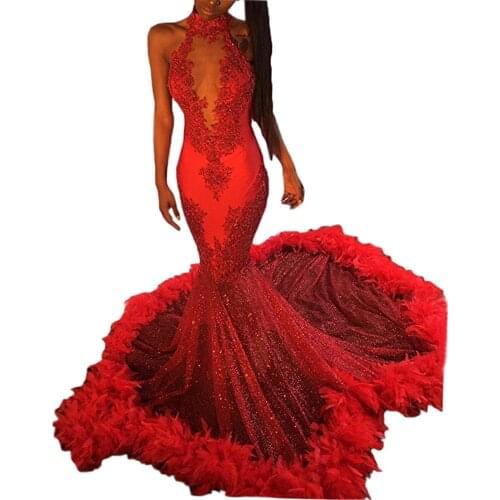 Stunning Feather Prom Dress 2020 New Sleeveless Backless Mermaid Lace Party Gowns vestido de feata