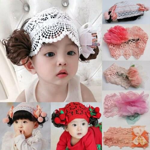Exquisite Toddler Kids Baby Girls Elastic Bowknot Headband Elegant Hairband Lace Princess Flower Wig Headwear Hair Accessories