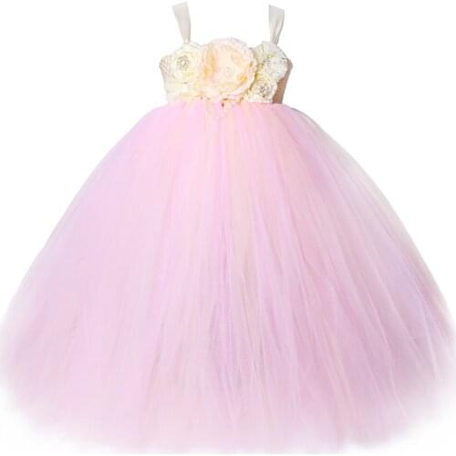 Pink and Beige Flower Girl Tutu Dress Tulle Girl Party Dress Kids Princess Ball Gown for Girls Wedding Flower Girl Dresses 1-14Y