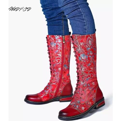 Knee High Boots Size 43 Shoes Women Fashion Casual Ethnic Totem Embroidered Boots Trend Cool PU Upper Side Zipper Riding Boots