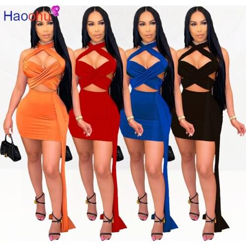 HAOOHU Sexy Two Piece Club Set Summer Vacation Outfit for Women Bandage Crop Top Bodycon Mini Dresses Night Party Matching Sets