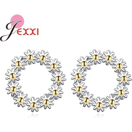New Arrival Women Round Circle Flower King Stud Earrings 925 Sterling Silver Shine Garland Small Earrings For Wedding Party
