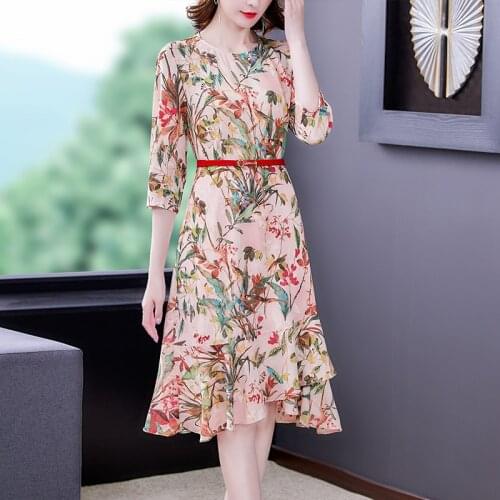 Summer dress 2021three-quarter sleeve floral chiffon dress female spring/summer new temperament slim irregular printed