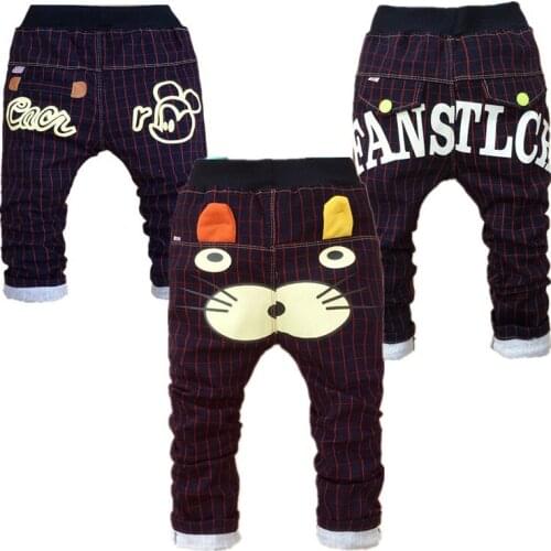 2017 New Boy pants kids clothes,children jeans Elastic Waist fashion spliced baby Slim trousers,checkered pattern mickey for 2-6