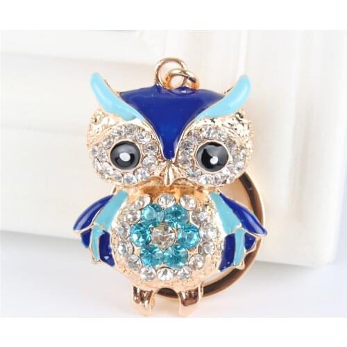 Blue Owl Bird Crystal Charm Purse Handbag Car Key Ring Chain Party Wedding Birthday Creative Gift