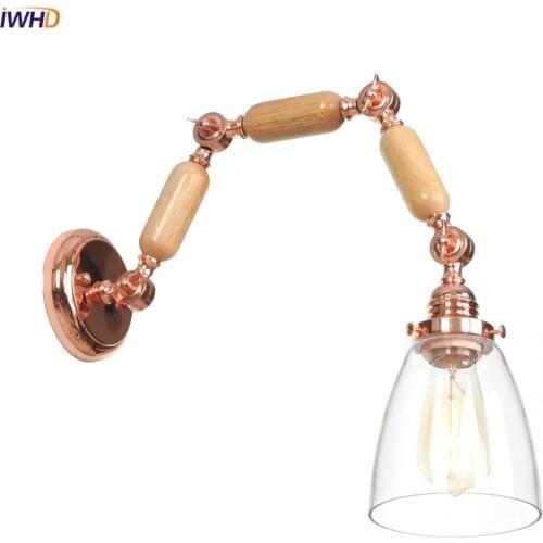 IWHD Rocker Arm LED Wall Lamp Glass Wooden Loft Wandlamp Vintage Industrial Wall Lights Home Lighting Applique Murale Luminaire