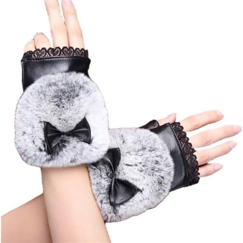 Warm Winter Gloves Real Genuine Leather Sheepskin Women Gloves Black Bowknot Rabbit Fur Lady Fingerless Mitten