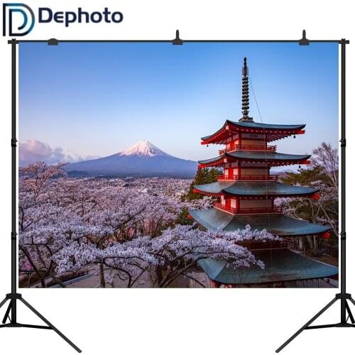 Dephoto vinyl Photography Background Mount Fuji Architecture sakura snow mountain Japanese style Natural Scenery Backdrop