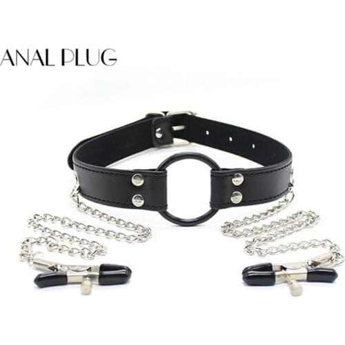 Leather Mouth Gag Ball Oral Sex With Breast Nipple Clamps With Chain Clips Bdsm Fetish Bondage Harness Erotic Toys