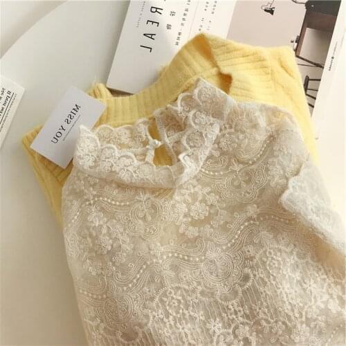 2021 Western Style Autumn and Winter Korean with Half-Collar Hollow Princess Style Top Lace Bottoming Shirt Womens
