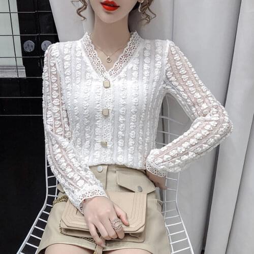Lace chiffon shirt ladies 2021 fashion new Korean version of long-sleeved v-neck shirt all-match loose western-style blouse