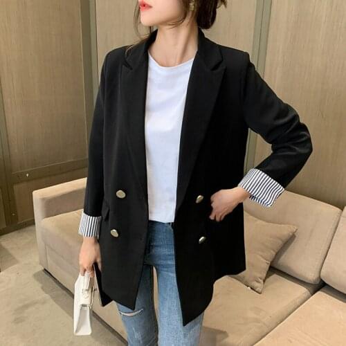 Women Black Blzer Striped Office Hot Sale Pockets England Korea Casual Loose Female Blazers Jacket Outerwear