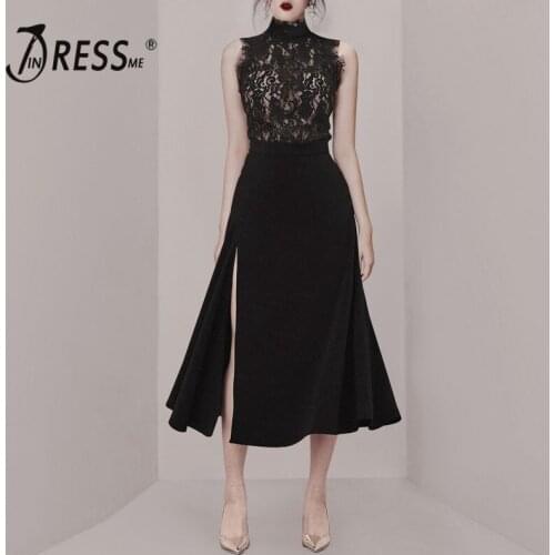 INDRESSME 2019 New Two-piece Set Lace Sleeveless Top With Midi Skirt Slit Black