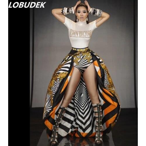 European Style Women Costume Bar Nightclub Concert Stage Wear Short Sleeve White Crystals Bodysuit Tail Dance Outfit Performance