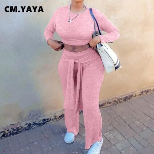 CM.YAYA Women Tracksuit Solid Crop Tops Bandage Pants Two 2 Piece Sets Sporty Sweatsuit Casual Outfits Autumn Pants Set 2021