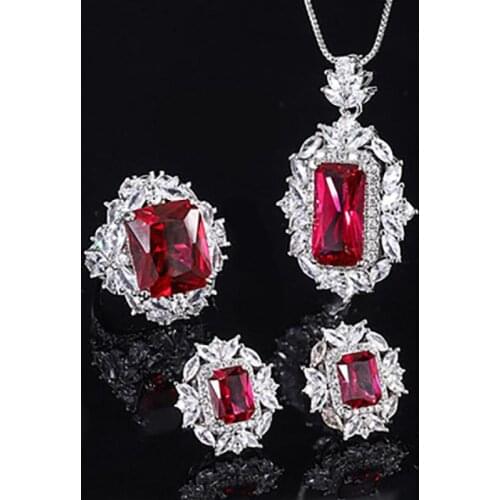 Charms 100% 925 Sterling Silver Ruby Gemstone High Carbon Diamond Ring Earrings Pendant Necklace Wedding Jewelry Sets For Women
