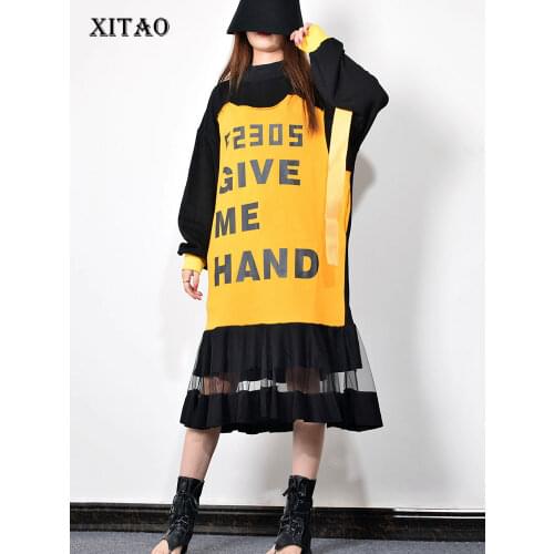XITAO Letter Patchwork Casual Draped Dress Women 2019 Winter Tide Fashion O Neck Collar Long Sleeve Loose Ribbon Dress GCC1779
