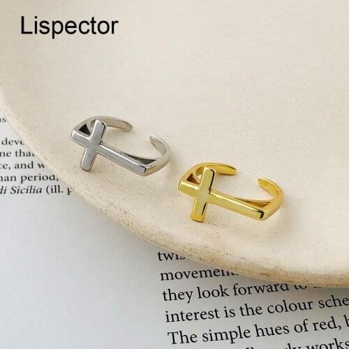 Lispector 925 Sterling Sliver Simple Open Cross Rings for Women Minimalist Christian Ring Female Jewelry Religious Accessories