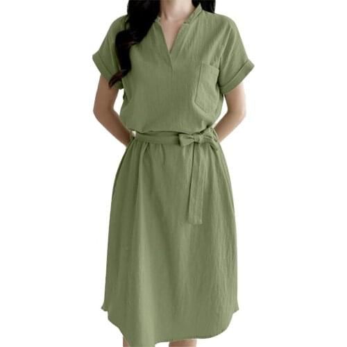 2021 Summer Casual Shirt Dress Women Solid Color Skin-friendly V Neck Knee Length Short Sleeve Belt Women Summer Midi Sundress