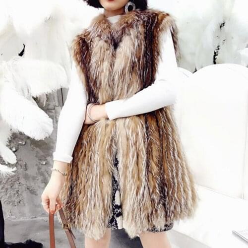 LVCHI 2019 Winter Imported crystal fox fur Sleeveless Real Fox Women Medium O Neck Real Fox Medium Loss Tanks Slim Fox Fur coat