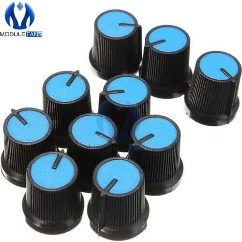 10pcs For Wh148 6mm Knob Blue Face Plastic For Rotary Taper Potentiometer Hole Volume Control Controller Black CAPS