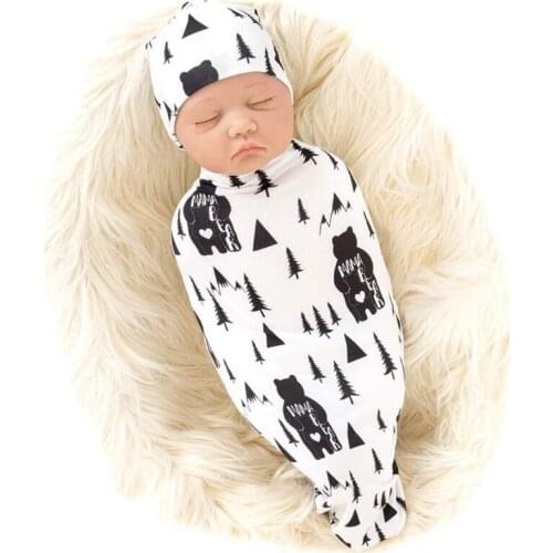 2 Pcs Newborn Baby Printing Receiving Blanket Hat Set Swaddle Wrap Hair Band Set P31B