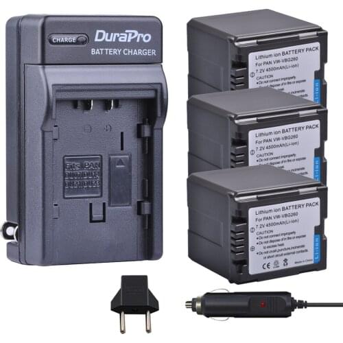 3pc 4500mAH VW-VBG260 VW VBG260 Battery + Car Charger For Panasonic HDC-SD3 HDC-SD5 HDC-SD7 VDR-D310 VDR-D50 VDR-D51 SDR-H200