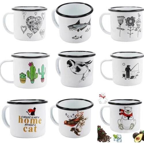 Free Shipping 350ml Enamel Coffee Mug Creative Animal Plant Breakfast Cup Black Roll Rim with Handgrip Milk Tea Cup