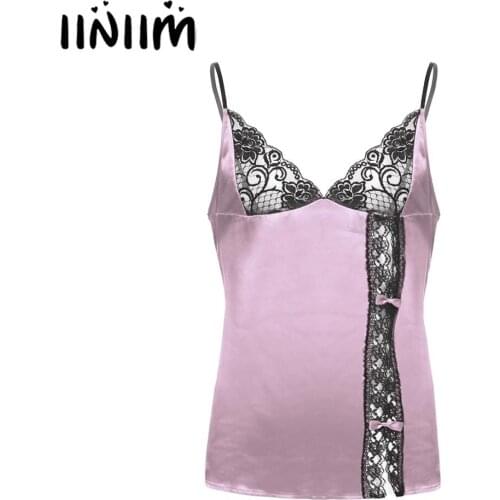 Mens Sissy Exotic Sexy Dress Smooth Silky Satin Lingerie Babydolls Spaghetti Straps Lace Trim Chemise Babydoll Sleepwear