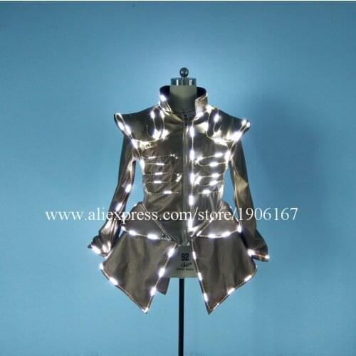 Hot Sale 5 Pcs LED Luminous Waiter Uniforms Women Costume Growing Light Up Halloween DS DJ Party Suit For Women Stage Clothes