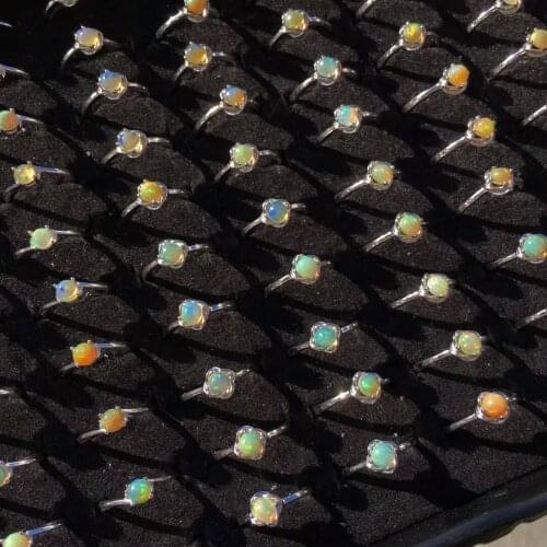 Real Natural Opal Jewelry Round 5mm Multicolor Natural Opal Ring 925 Sterling Silver Wedding Ring for Women Adjustable Ring Size