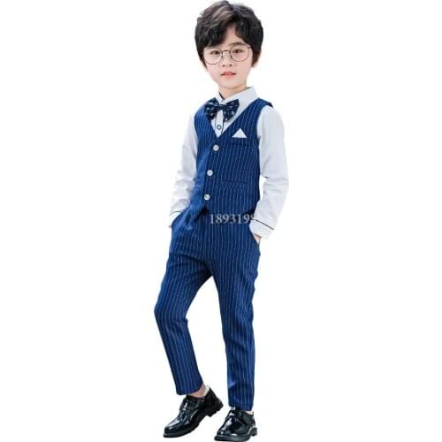 Childrens Formal Dress Vest Set Baby Boys Striped Waistcoat Trousers 2pcs Clothing Set Kids Host Catwalk Photography Costume