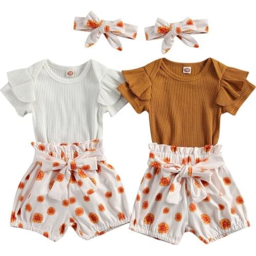 Fashion Newborn Baby Girls 3pcs Outfit Set Solid Color Ribbed Romper+Floral Print Shorts+Headband Set 0-18M Summer