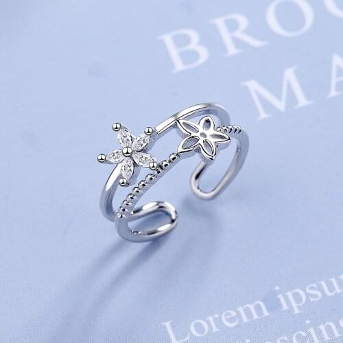 LEKANI 925 Sterling Silver New Womens Fine Jewelry High Quality Crystal Zircon Simple Hollow Flower Open Size Adjustable Ring