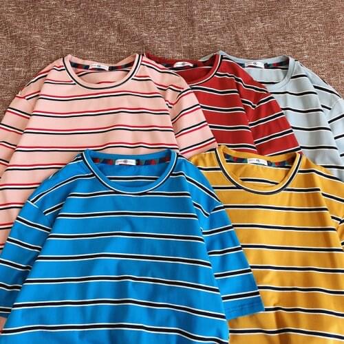 Summer 5XL Large Size Five-color Striped Short-sleeved T-shirt Men and Women Plus Fertilizer to Increase Half-sleeved Wild T-shi
