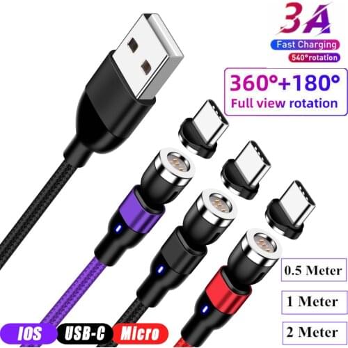 540 Degree Rotating Magnetic Charger Micro USB Type C Phone Wire For iPhone 11 Pro XS Max Samsung Xiaomi Charging USB Data Cord