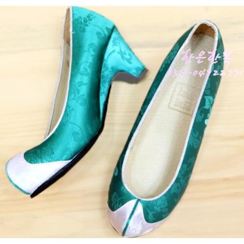 Malachite Green Satin Women Shoes 5cm High Heels Traditional Hanbok Accessories Open Wedges HE-W1027